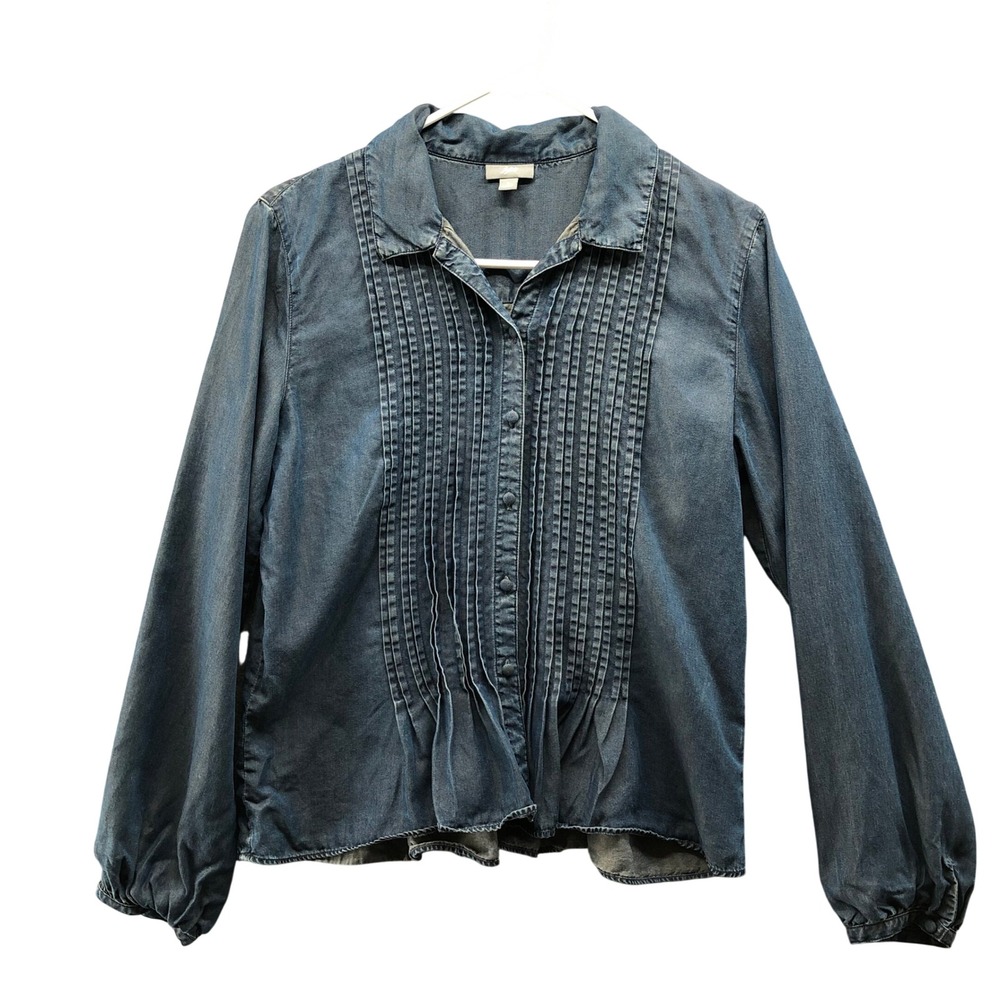 J. Jill‎ Pintuck Pleated Chambray Blouse Womens S Dark Wash Long Sleeve Lyocell
